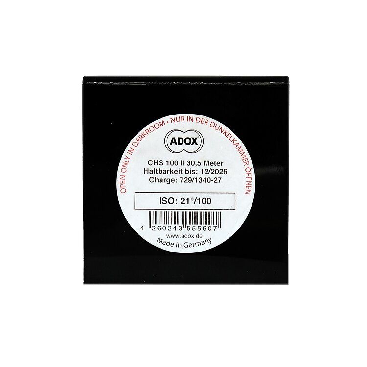 ADOX CHS 100 II orthopanchromatic black and white film 35mm x 30.5 metres – enough length for 18.5 films of 36 pictures each.