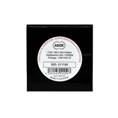 ADOX CHS 100 II orthopanchromatic black and white film 35mm x 30.5 metres – enough length for 18.5 films of 36 pictures each.