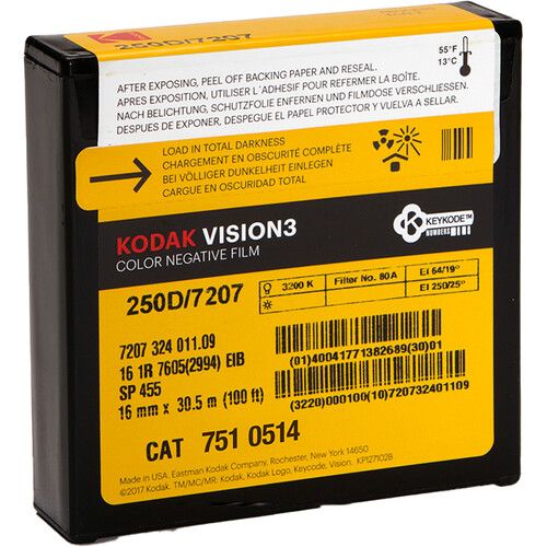 Kodak VISION3 250 D Color Negative Film 7207 (16mm, 30.5m Roll) whitout remjet