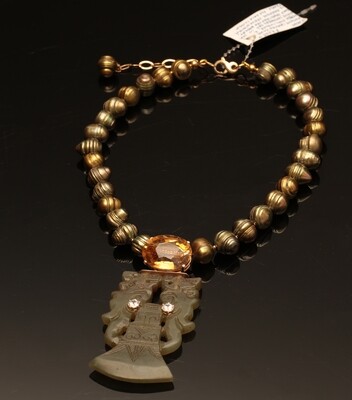 Shelly Pedretti Vintage Jade Double Dragon Dazzler, sapphire studded vintage jade pendant strung with freshwater Baroque pearls, 40K citrine with 14K gold basket and clasp Shelly Pedretti Vintage Jade Double Dragon Dazzler, sapphire studded vintage jade pendant strung with freshwater Baroque pearls, 40K citrine with 14K gold basket and clasp
