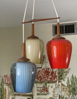 1960s Vintage MCM Teak Wood Tri Pendant Colored Glass Light Fixture Triple Chandelier Lamp 3-tier Mid Century Modern