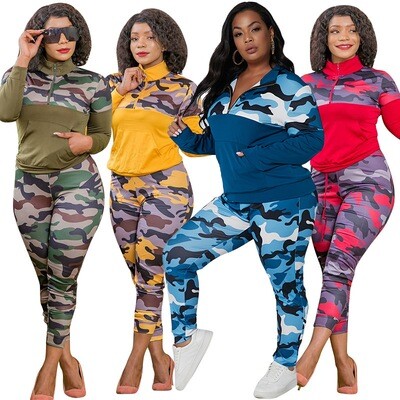 Casual camouflage, printed knitted zipper two piece suit/plus size sports women suit