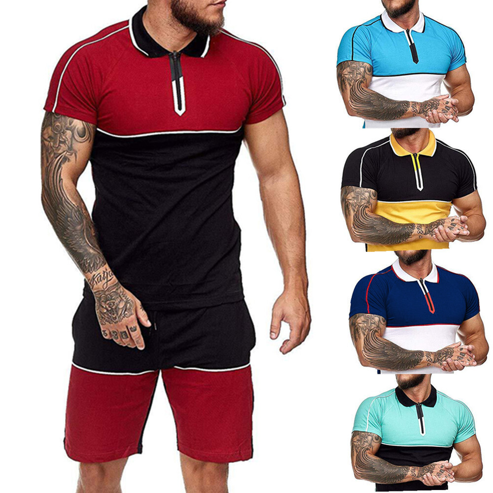 Fitted polo shirt/shorts patchwork zipper sporty summer short set