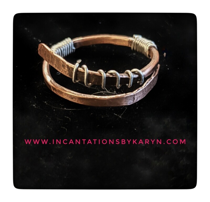 Unisex Copper bypass ring with sterling silver accents