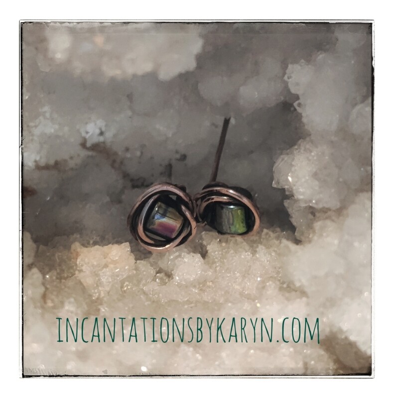 Rainbow hematite &amp; copper studs