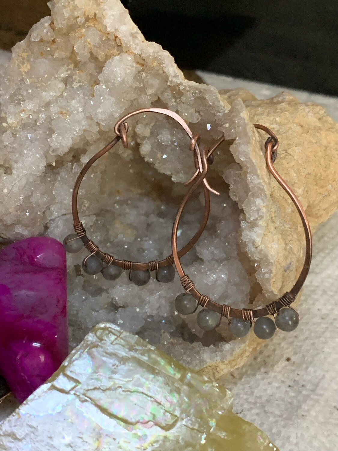 Copper and Laborodite hoop earrings 