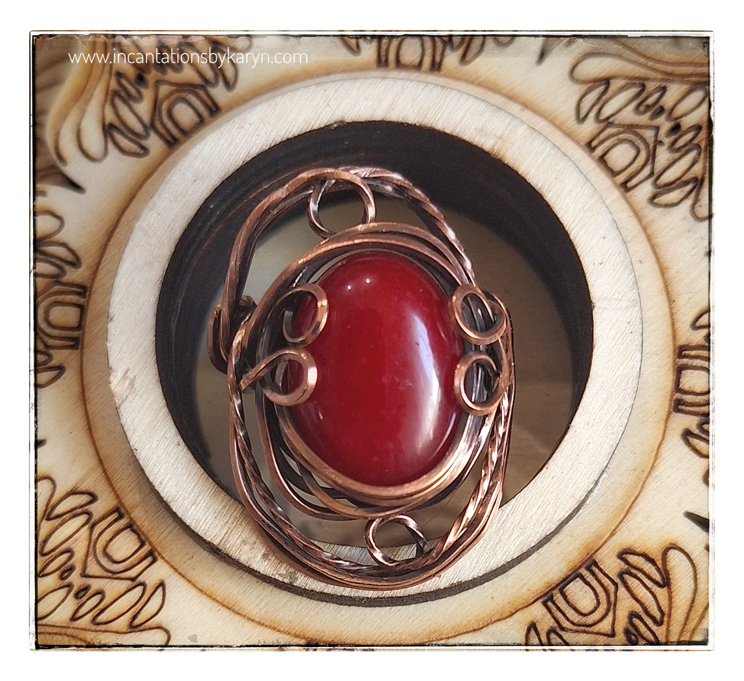 Filigree copper and raw ruby ring