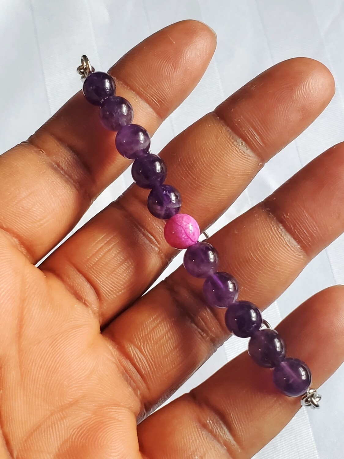 Amethyst and Pink Lace Agate Beaded Chain Bracelet