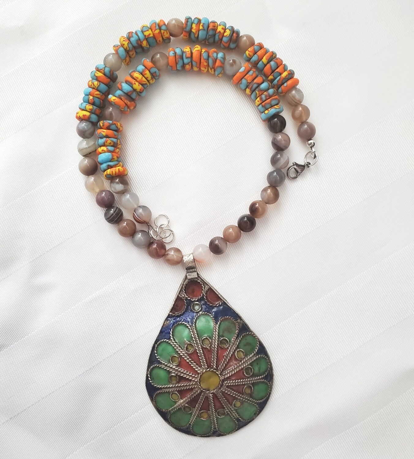 Botswana Agate and Recycled Glass Handmade Beaded Necklace With Vintage Moroccan Pendant