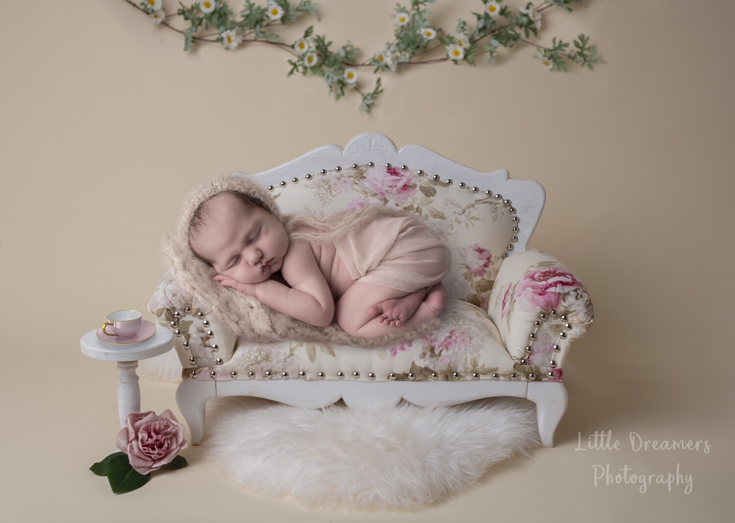 Newborn Digital Background - Flower couch with side table and tea cup