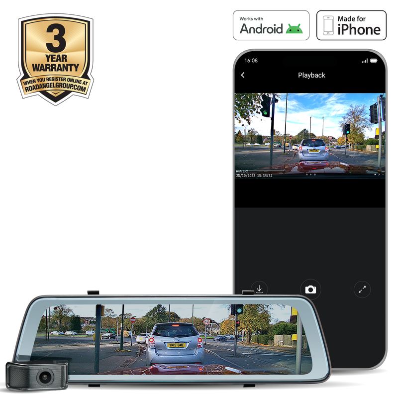 Road Angel Halo Vision 3 2160P 4K Mirror Dual Dash Cam with 10" Anti-glare LCD Touch Screen &amp; Dual Parking Mode