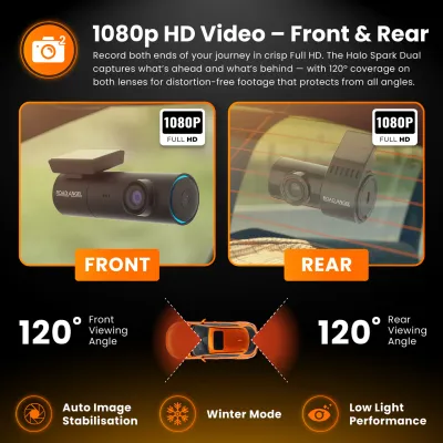 Halo Spark Dual Full HD 1080p Front &amp; Rear Dash Camera With Dual Parking Mode &amp; Winter Mode