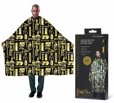 #188-G/BLK Baber Apparel Betty Dain Vintage Barber Cape Gold: $17.99