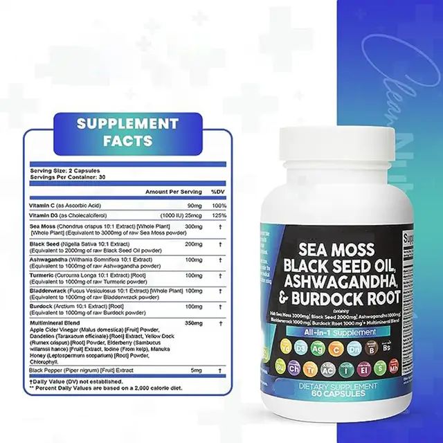 Sea Moss, Ashwaganda, Black Seed Oil, Burdock Root Multimineral