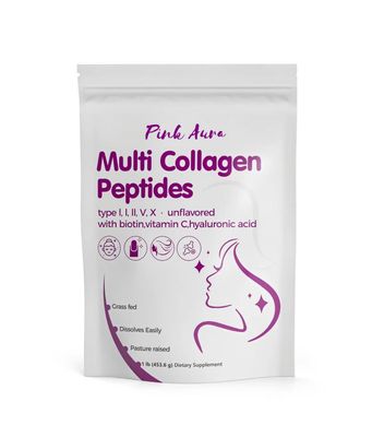 Pink Aura Multi Collagen Peptides Powder with Biotin Hyaluronic Acid and Vitamin C 1LB