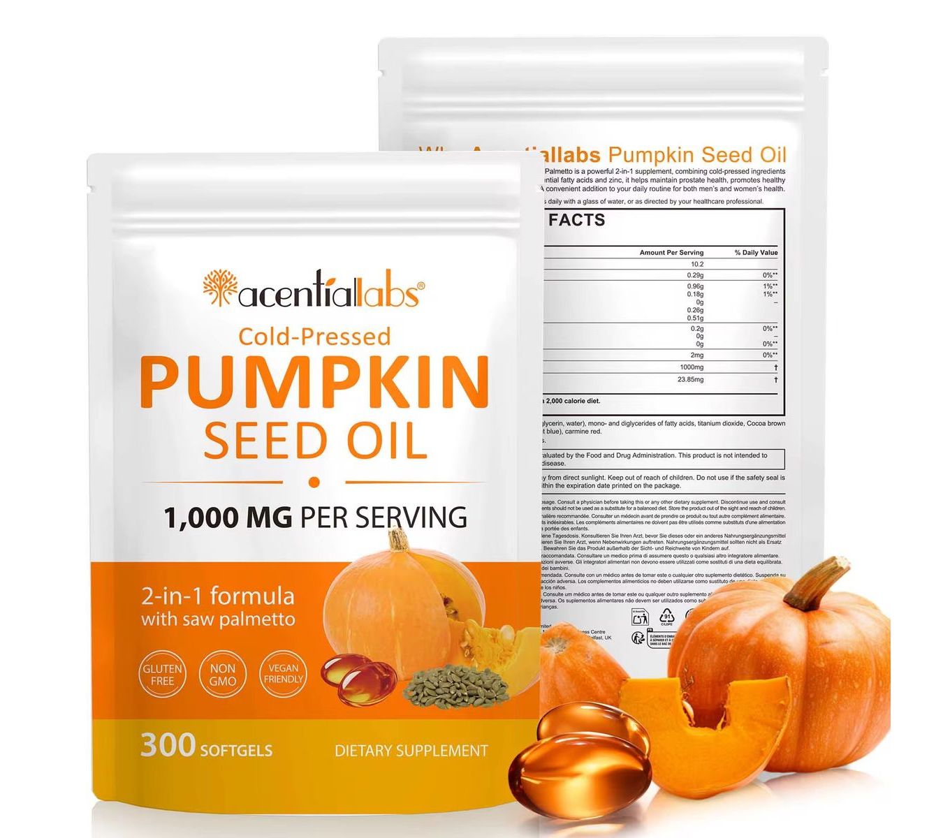 Acentiallabs Cold-Pressed Pumpkin Seed Oil with Saw Palmetto Softgels