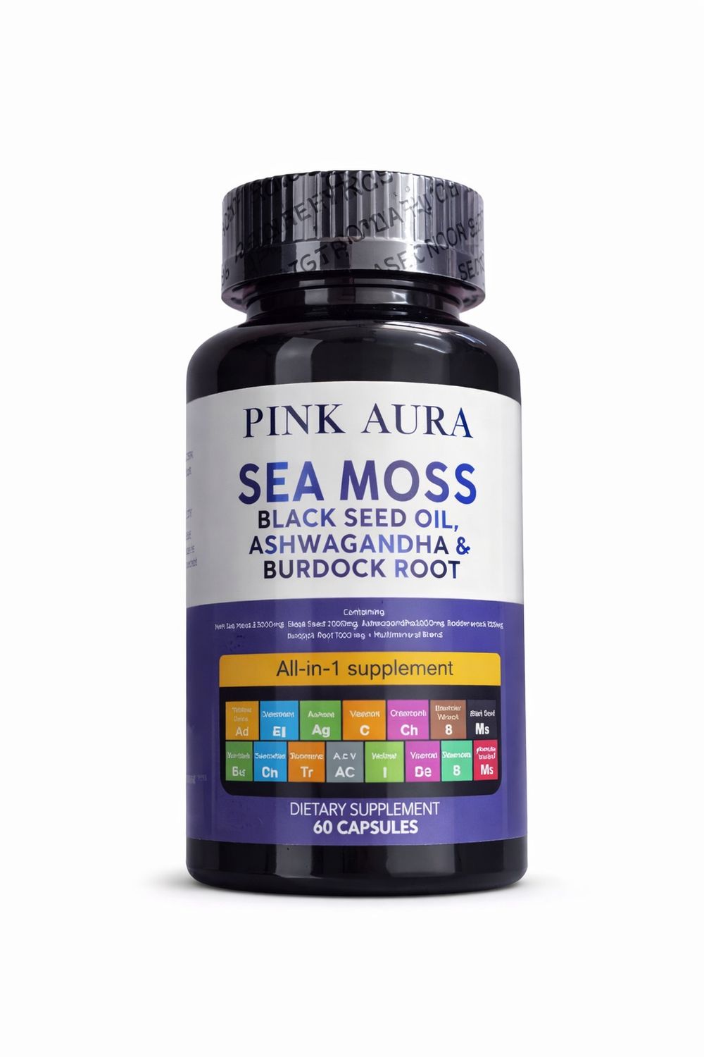 Pink Aura Seamoss, Black Seed Oil, Burdock Root, Ashwagandha Capsules