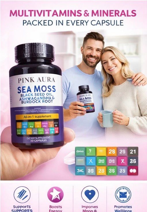 Pink Aura Seamoss, Black Seed Oil, Burdock Root, Ashwagandha Capsules