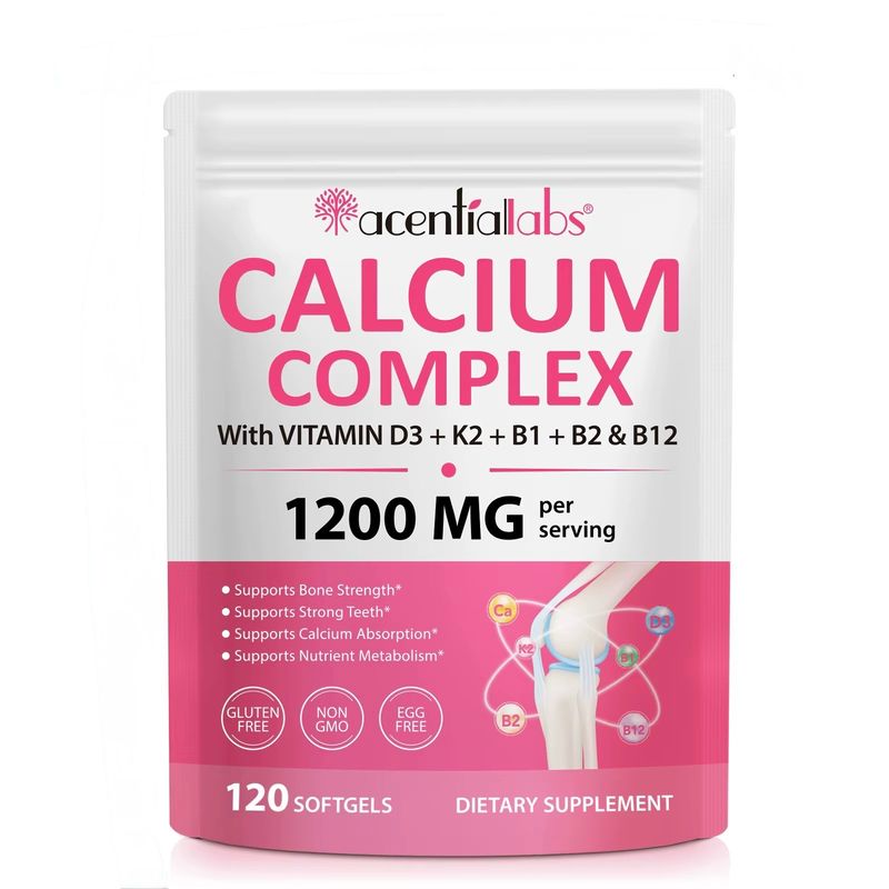 Acentiallabs Calcium Complex Softgels With Vitamin D3, K2, B12 &amp; Collagen For Bone Strength