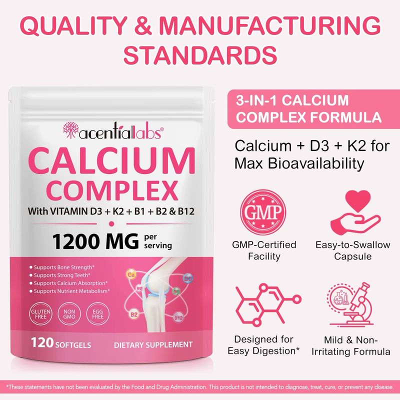 Acentiallabs Calcium Complex Softgels With Vitamin D3, K2, B12 &amp; Collagen For Bone Strength