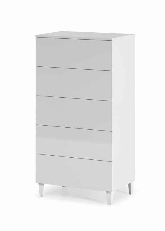 Comoda DIVA 5 cajones con patas blanco brillo estilo nordico