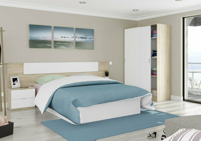 Cabecero + 2 mesitas Noon Plus roble canadian/blanco artik