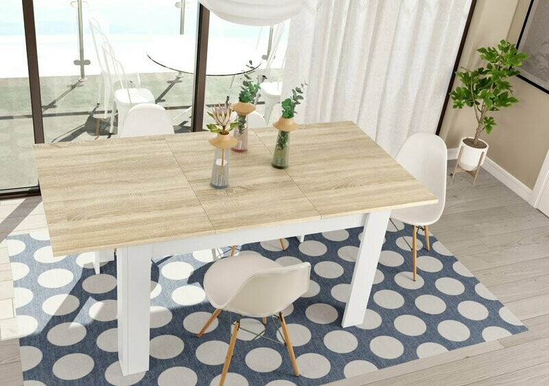 Mesa comedor extensible PRÁCTICO 140 × 90 roble canadian/blanco artik