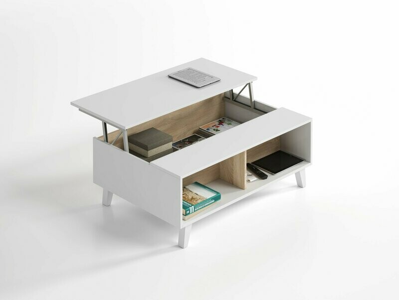 Mesa centro elevable STYLUS PLUS blanco brillo/roble canadian