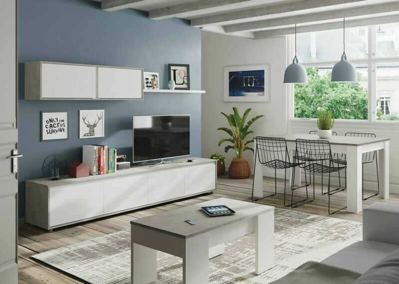 Mesa comedor extensible PRÁCTICO 140 × 90 cemento/blanco artik