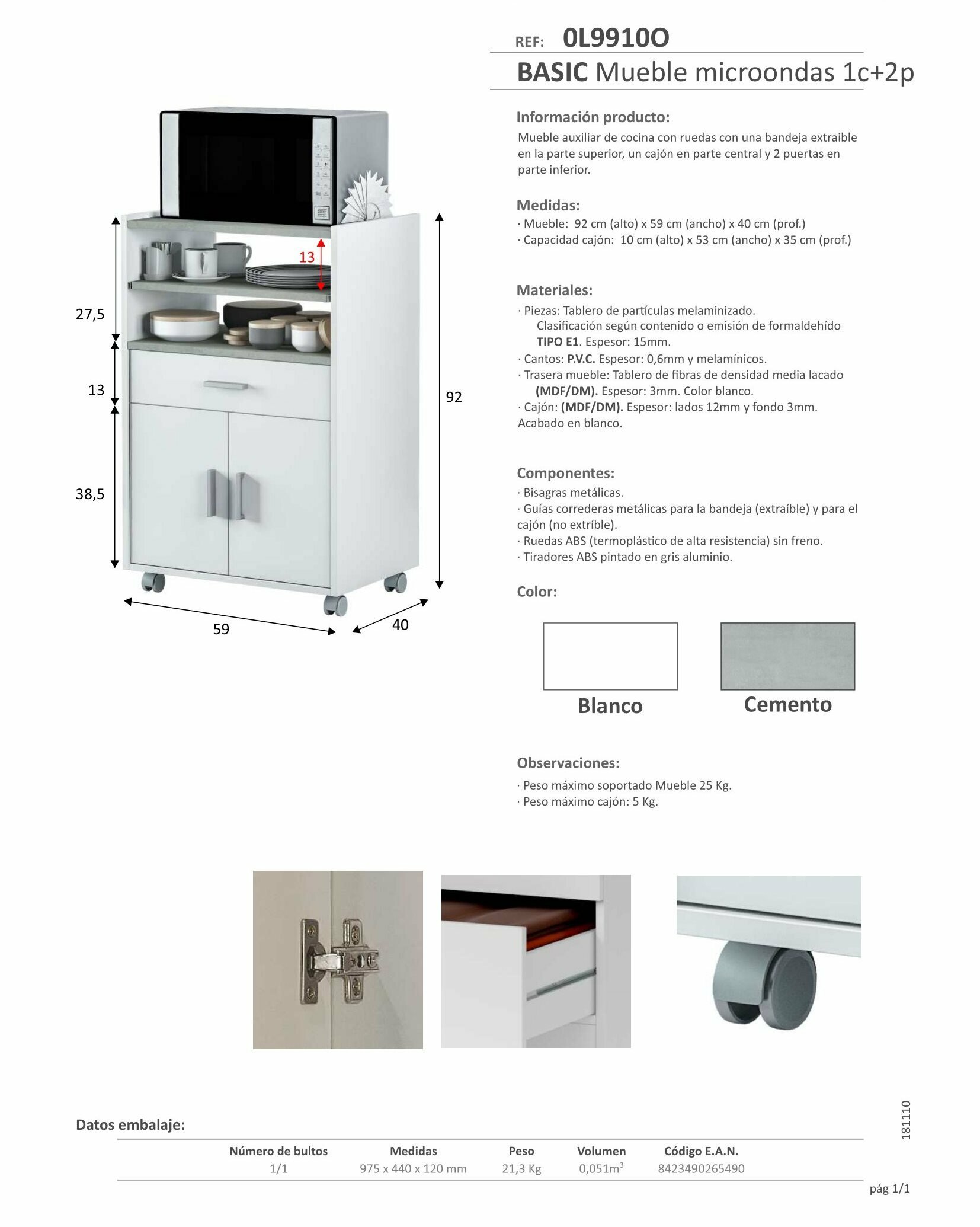 Mueble para Microondas con 1 Cajón y 2 Puertas Modelo Cheff Blanco y  Cemento.