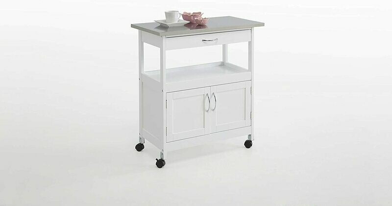 Carro de cocina blanco 2 puerta y 1 cajón con tapa de metal inoxidable