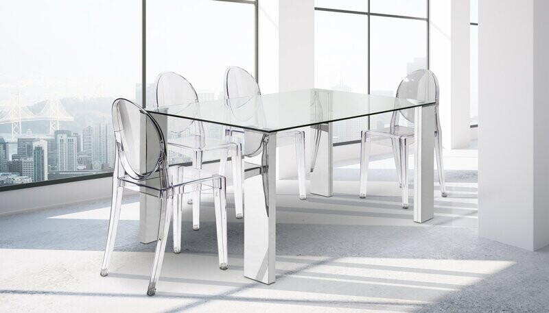 Mesa comedor Orinoco cristal transparente patas cromadas