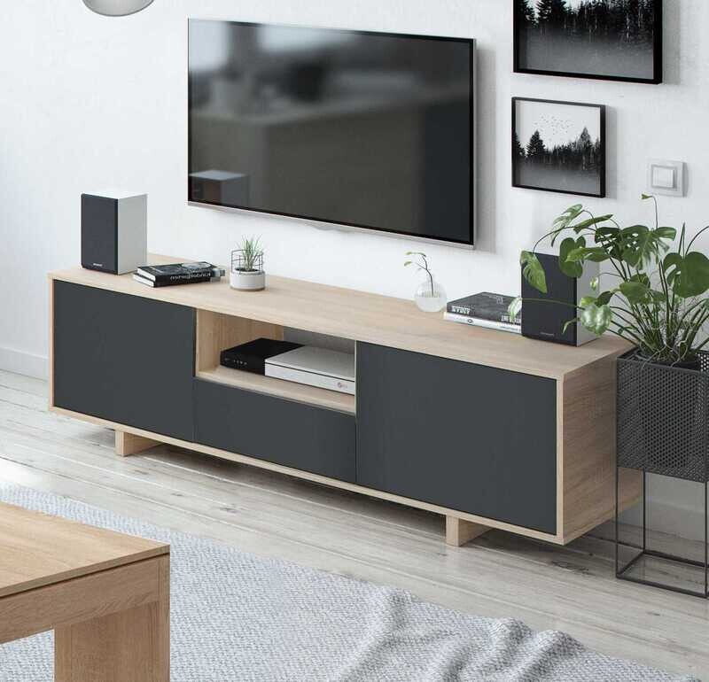 Modulo tv bajo 3 puertas y hueco ZAIDA. Roble canadian y Gris Antracita