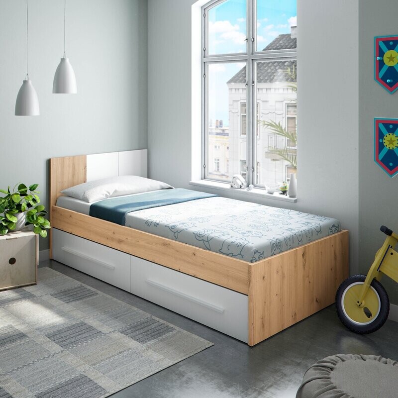 Cama juvenil 90 x 190 Ambient 2 cajones roble nodi/blanco artik