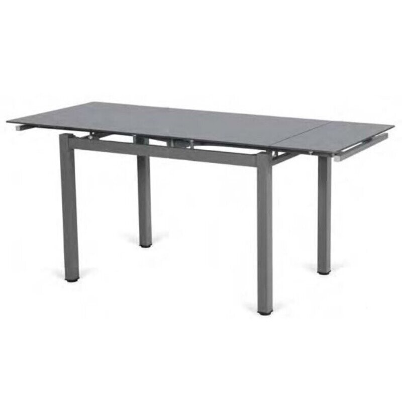 Mesa comedor extensible Ara cristal gris oscuro pata metal gris