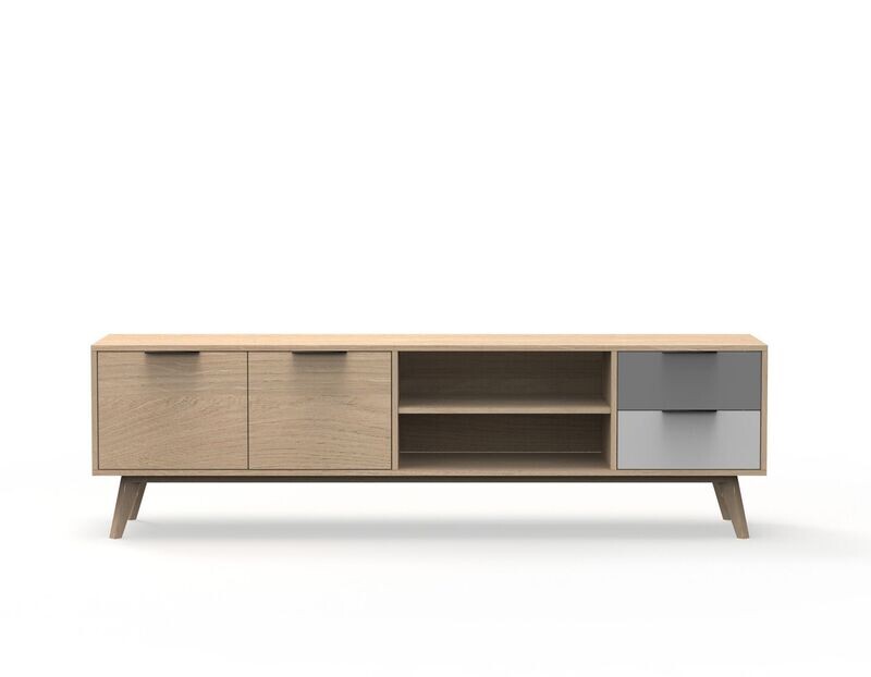 Mueble Tv ELFA 2 puertas 2 cajones 2 huecos roble/gris claro/blanco