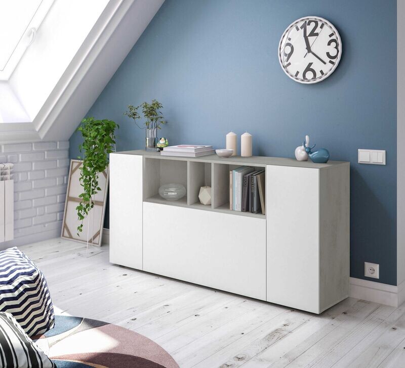 Aparador 3 puertas + hueco Mia roble alaska/blanco artik estilo moderno