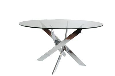MESA COMEDOR REDONDA RUTH 140 CM CRISTAL PATAS CROMADAS ESTILO MODERNO