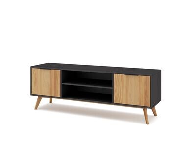 Mueble tv LAVIS 2 puertas 2 huecos pino bocamina/cera estilo nórdico