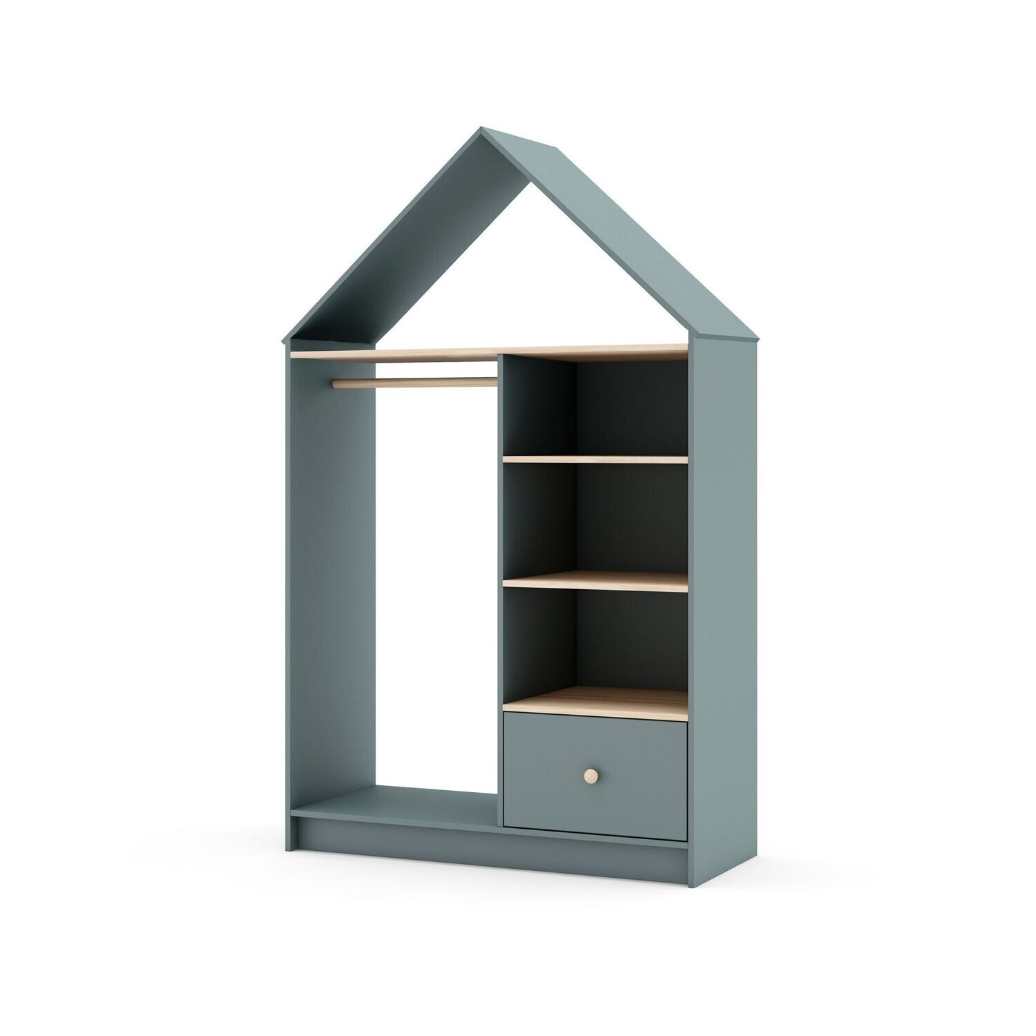 Vestidor infantil Estefanía forma de casa 3 huecos y 1 cajón verde kaki/cera