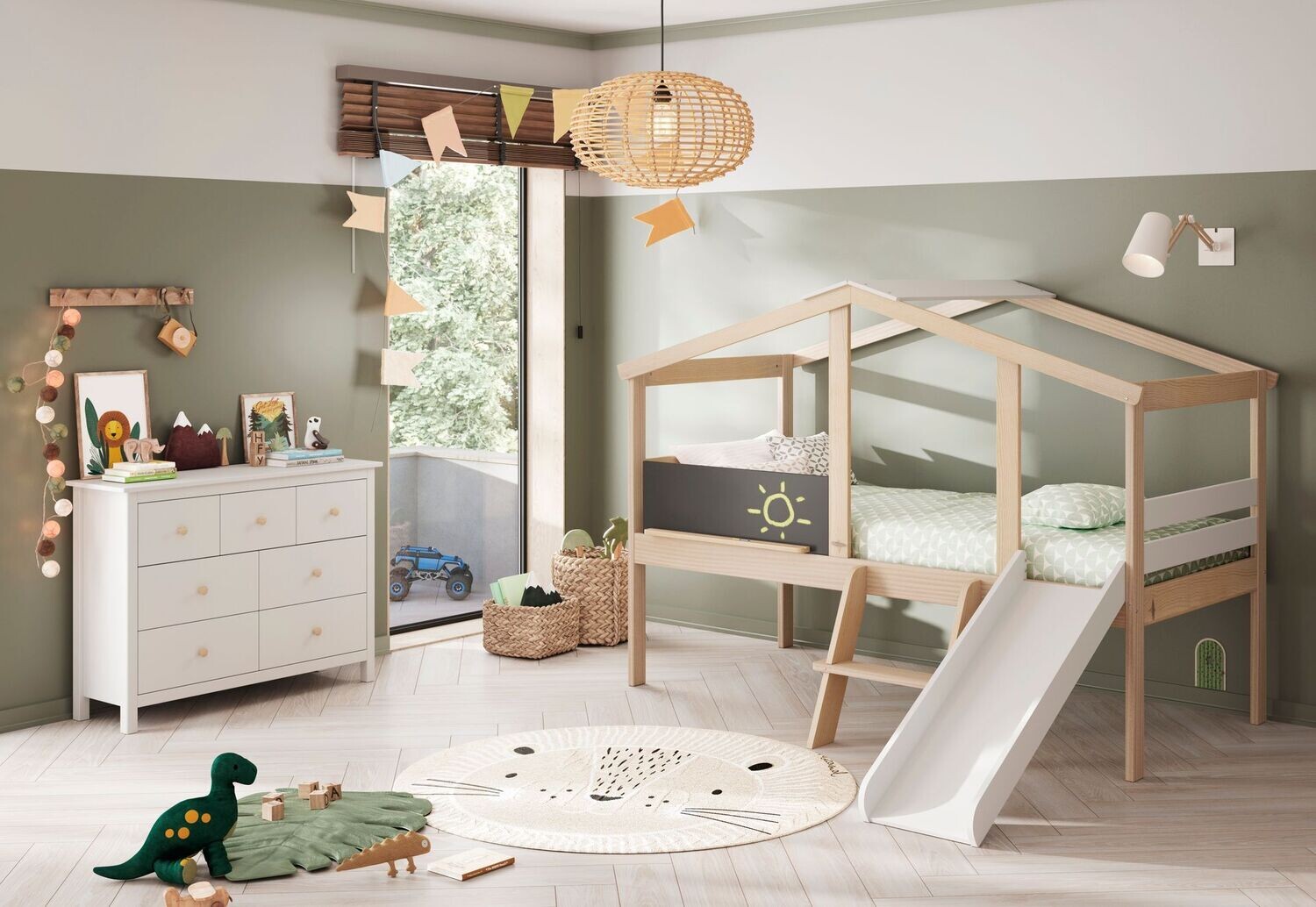 Cama cabaña TOBOGAN cera/blanco con escalera