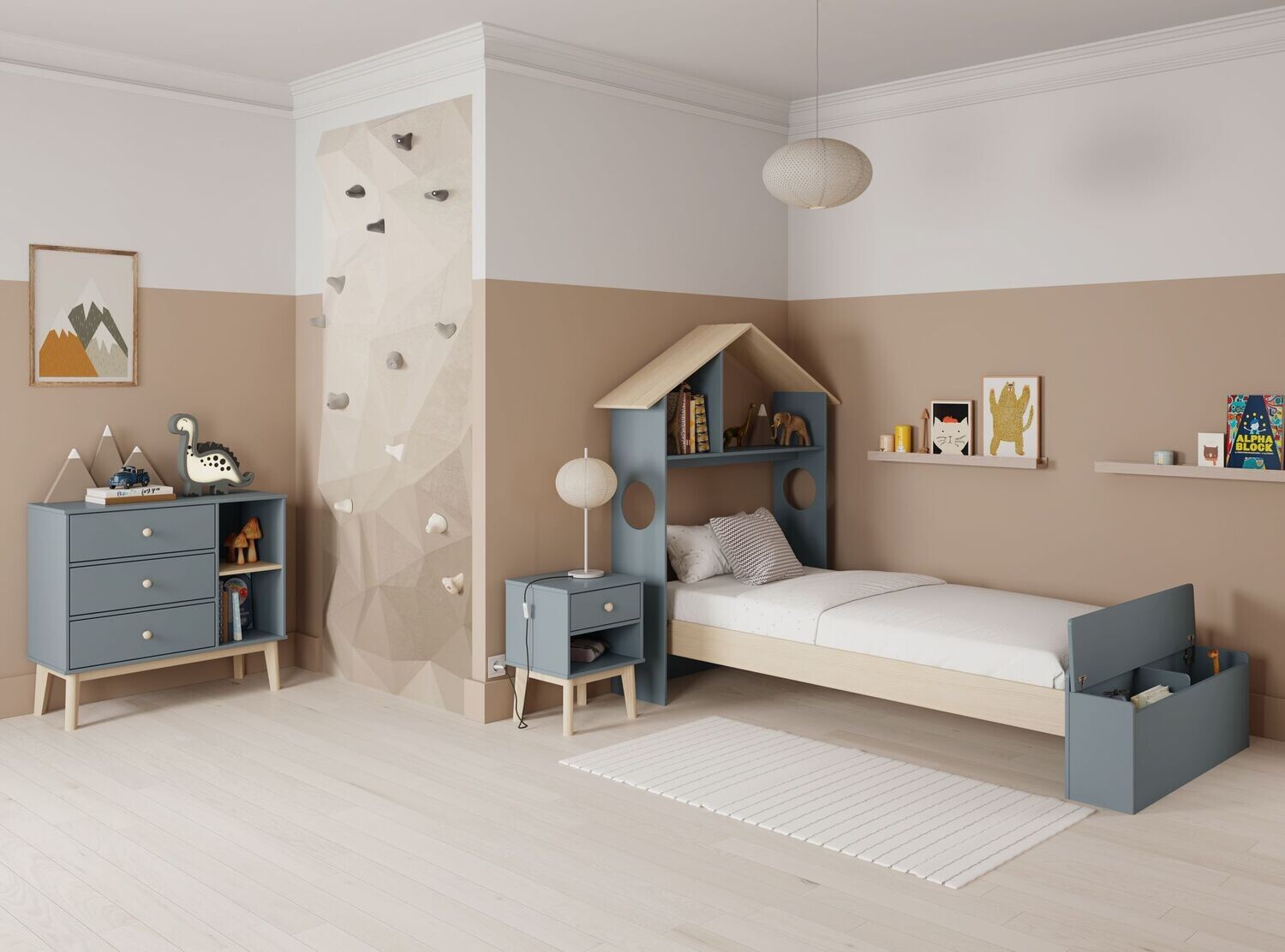 Cama infantil Odessa con baul 90 x 190 verde kaki/cera
