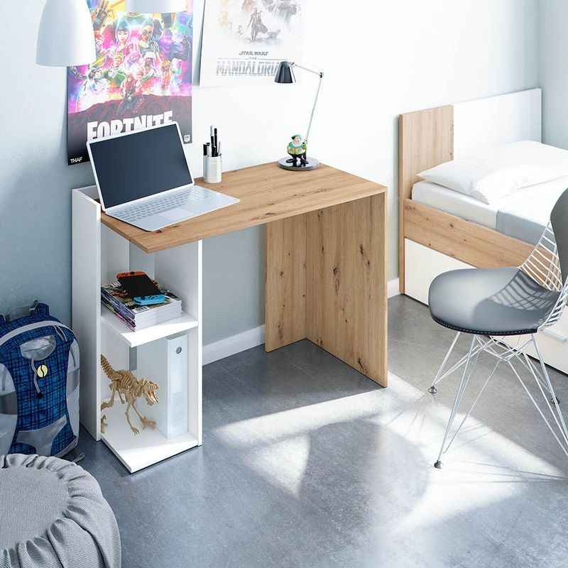 Mesa de escritorio Kenia reversible con estantes roble nodi/blanco artik