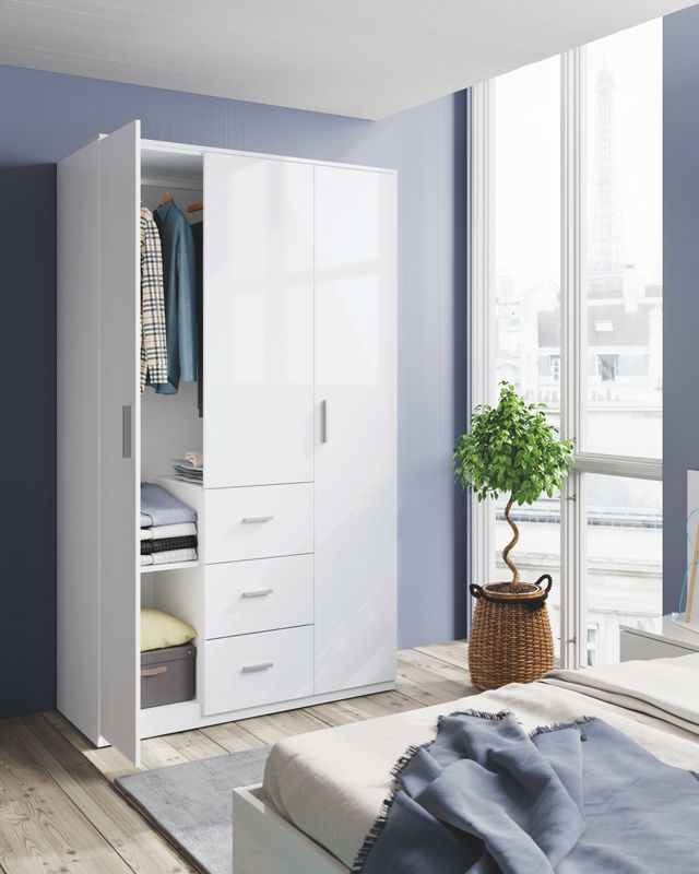 Armario Ward 3 puertas 3 cajones blanco brillo
