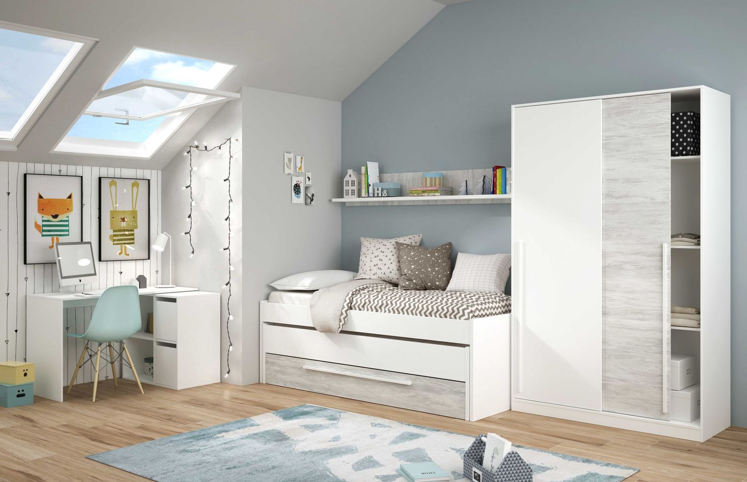 Cama nido doble Elliot 1 cajón y estante 90 x 190 blanco artic/blanco velho