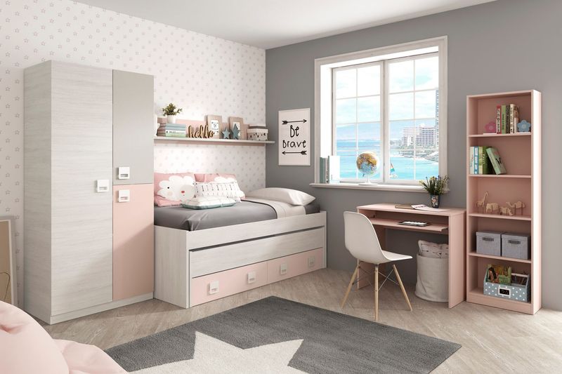 Cama nido doble Nube 90 x 190 2 cajones y estante blanco alpes/rosa