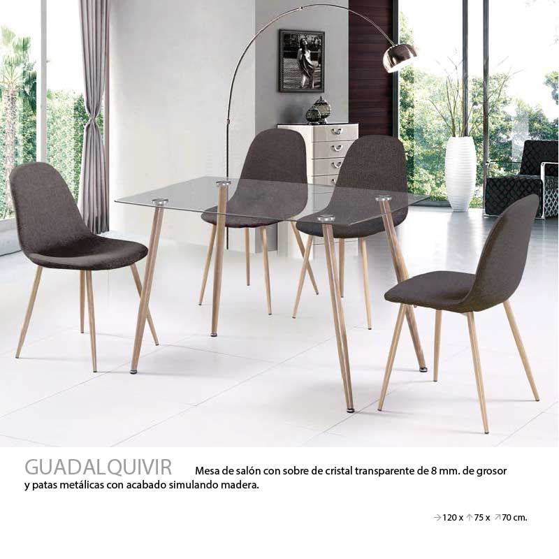 Mesa de comedor GUADALQUIVIR 120x70 cristal patas metálica imitación madera