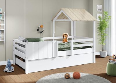 Cama infantil cabaña NIDIA 90 blanco lacado/cera estilo nórdico