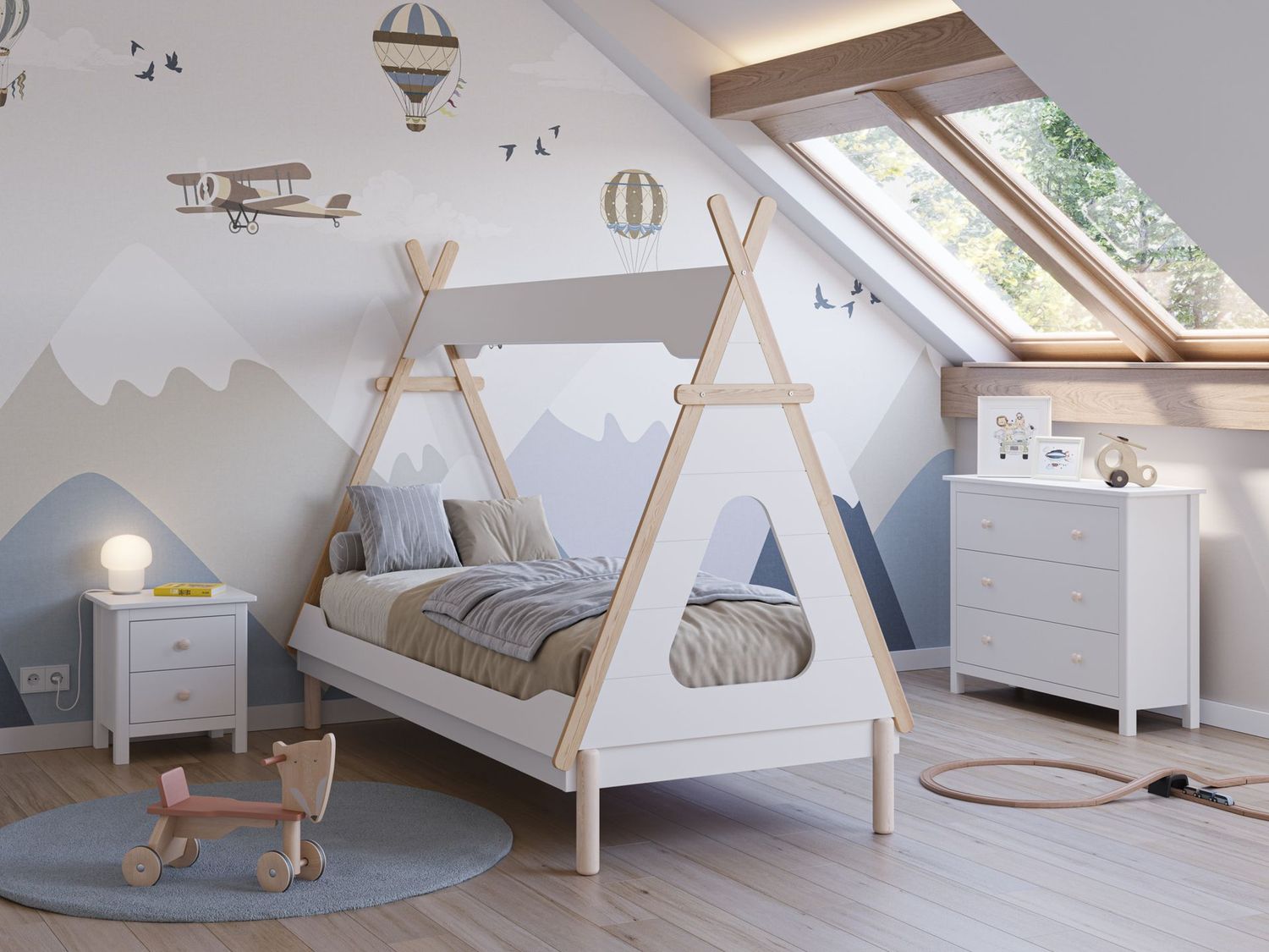 Cama cabaña tipi 90 Nora blanco/cera blanca con ventana