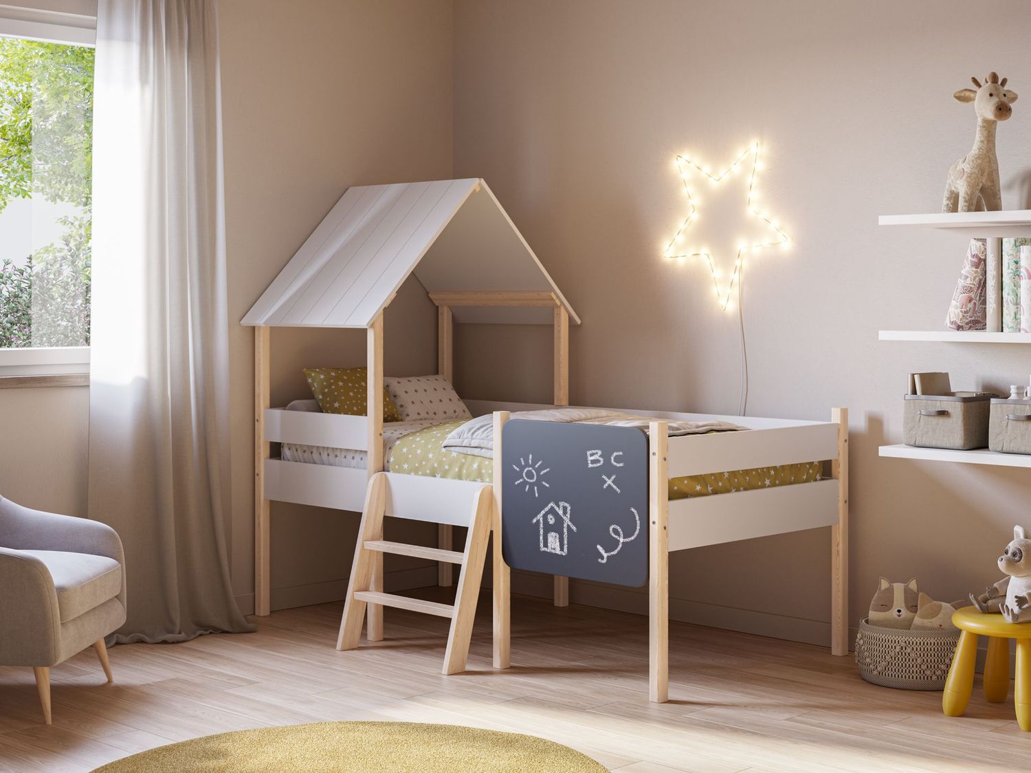 Cama cabaña 90 MINT blanco/cera blanca con pizarra